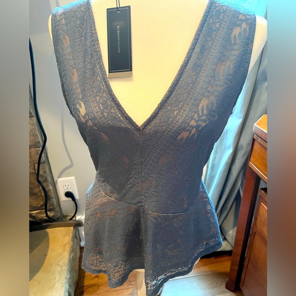 BCBG Lace Peplum V-Neck Top in Charcoal Gray